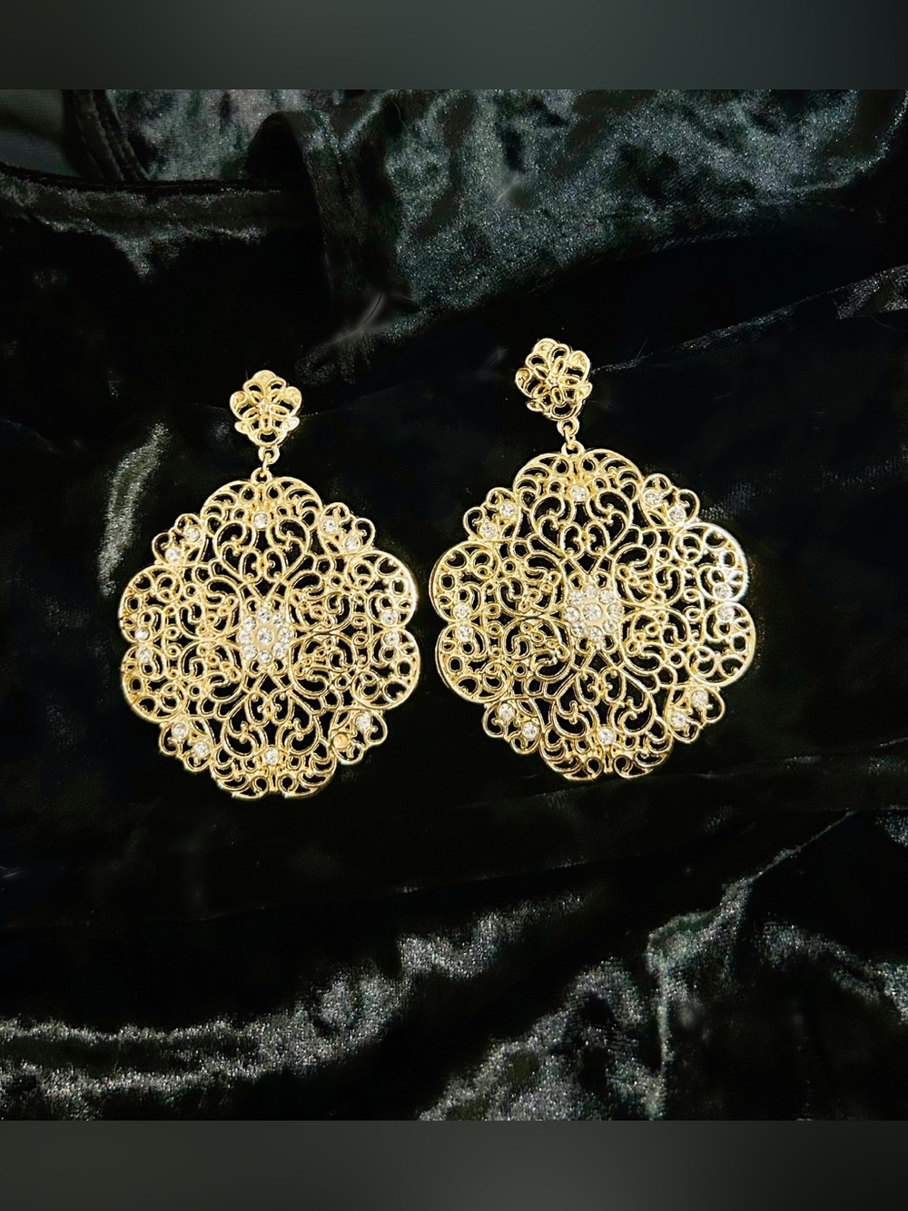 Gold-Tone Filigree Crystal Drop Earrings -